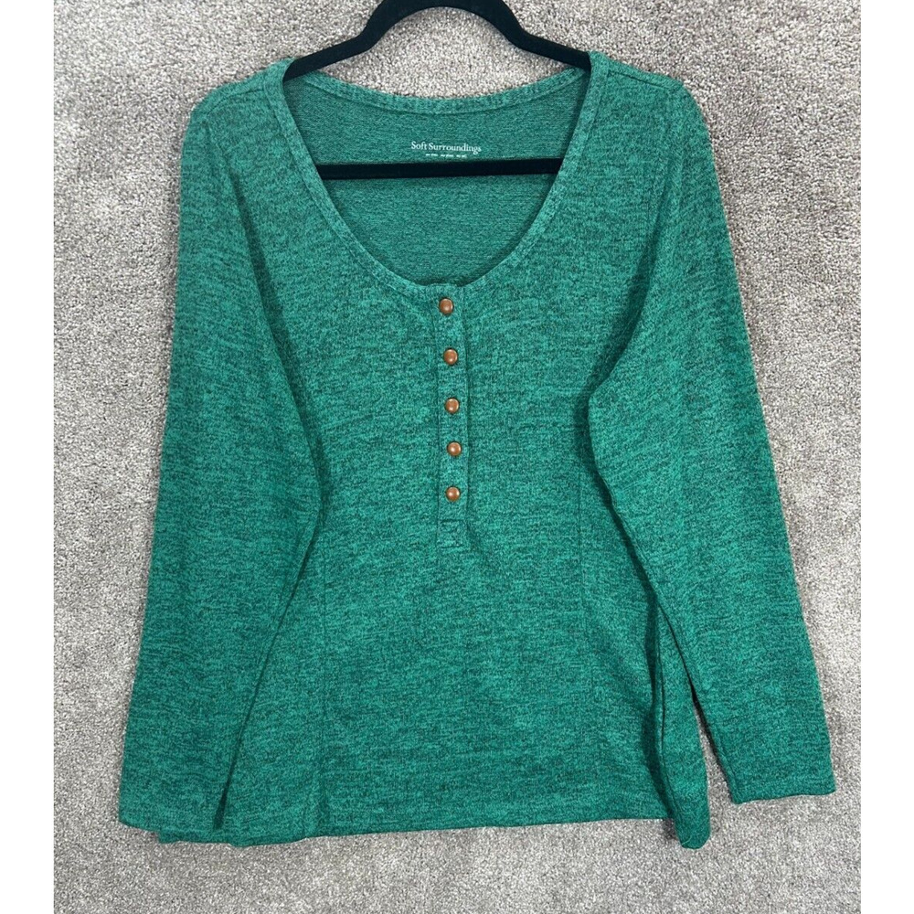Soft Surroundings Top Womens Large Green Heather Scoop Neck Button Accents Shirt